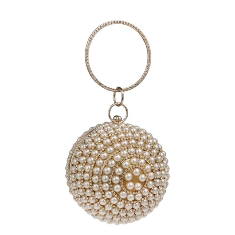 Round Ball Faux Pearl and Rhinestone purse handbag Keychain Gold tone hardware